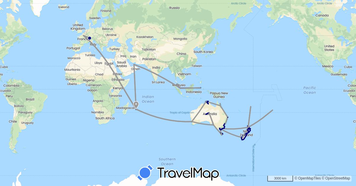 TravelMap itinerary: driving, plane, boat in United Arab Emirates, Australia, Switzerland, Cook Islands, Fiji, France, Indonesia, Mauritius, Malaysia, New Zealand, Singapore (Africa, Asia, Europe, Oceania)